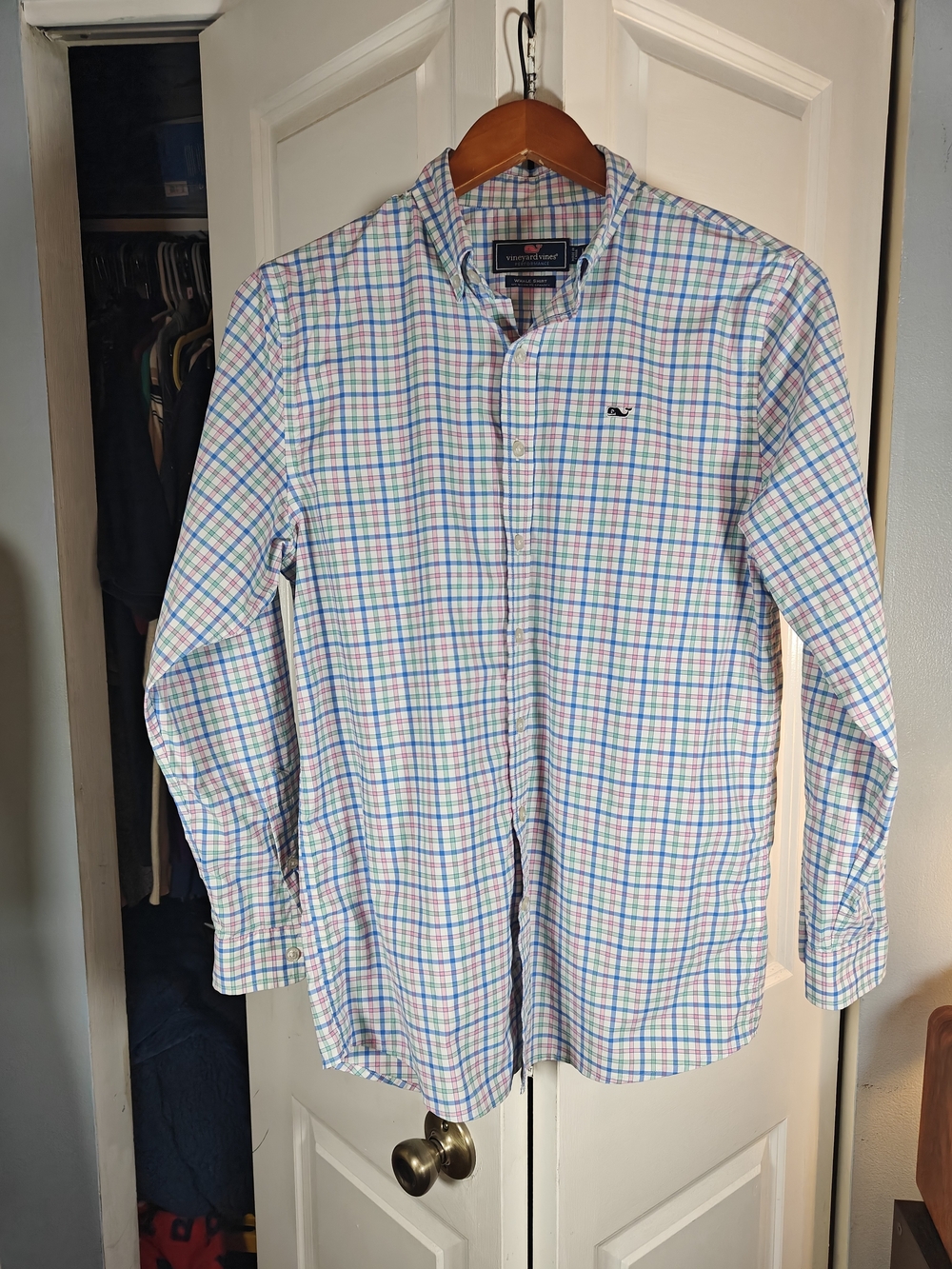 Vineyard Vines Women Performance Plaid Button-Down Shirt Blue Pink Large Whale